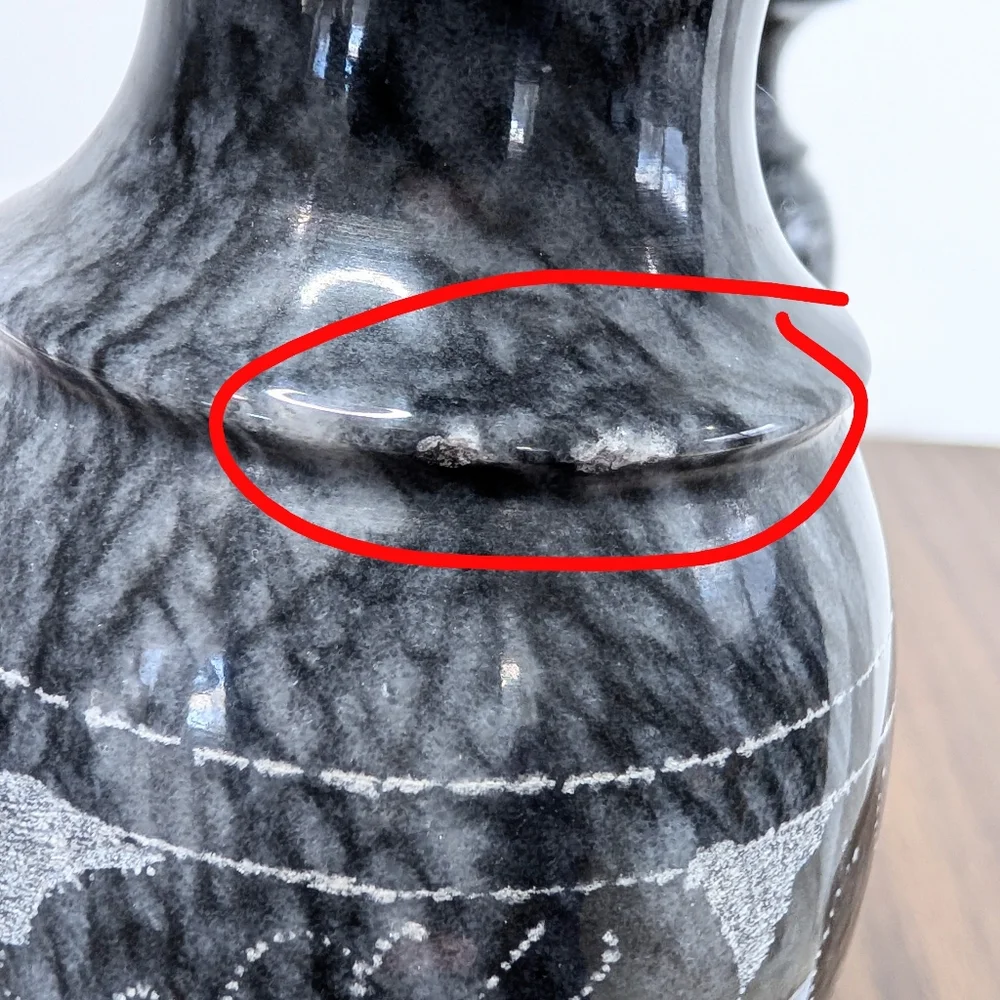 Pair Of Black & Gray Quartz Vained Marble Floral Etched Footed Vases Solid Stone